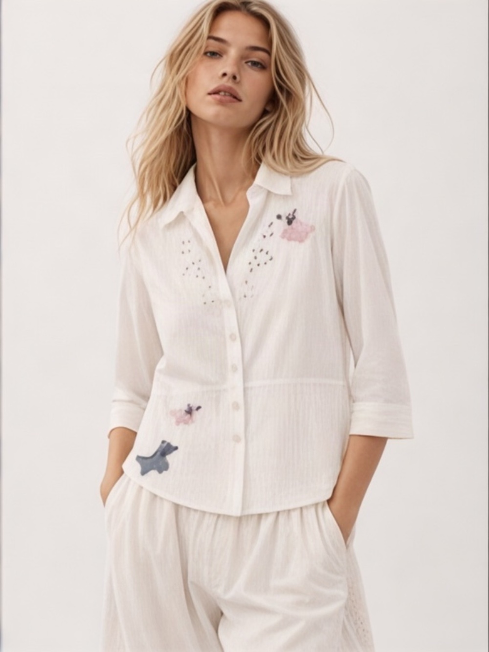 April Cornell White Embroidered Dog Pintuck Cotton Blouse Cottagecore Size L